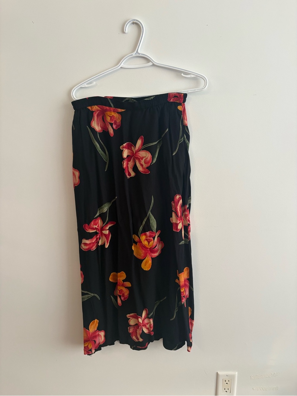 Black Floral Midi Skirt with Red & Orange Bloom Print